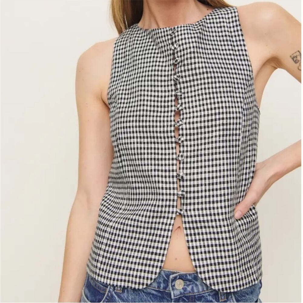 Reformation Black and White Gingham Button Front Halter Top